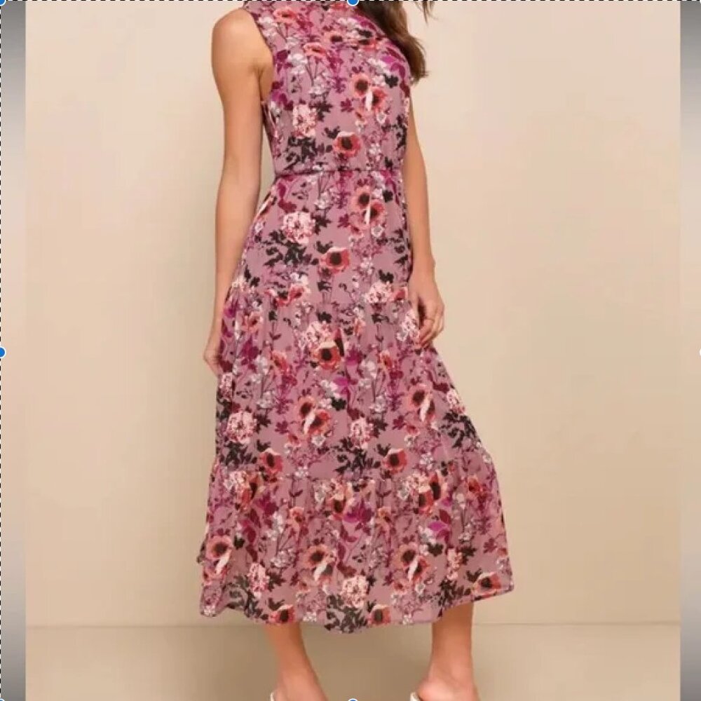 Lulus Pink/Purple Floral High Neck Midi Dress